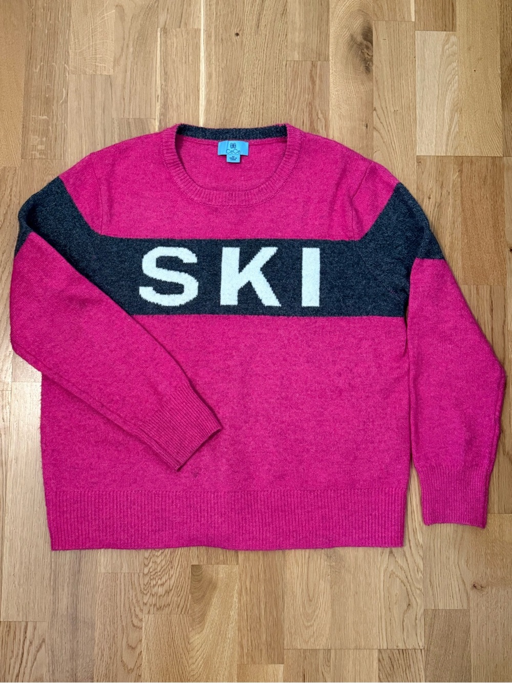CeCe Hot Pink and Charcoal 'SKI' Crewneck Sweater